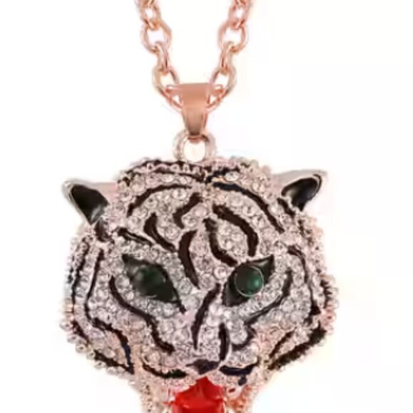 NEW TIGER NECKLACE Tiger Green & White Austrian Crystals - Picture 1 of 5